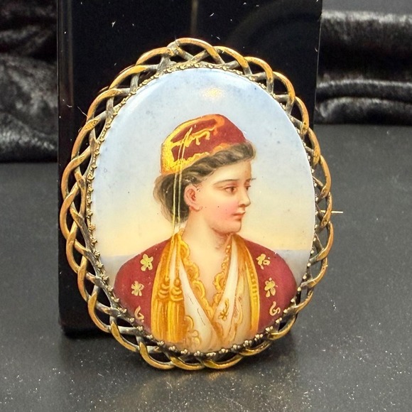 Antique Jewelry - Antique Hand Painted Porcelain Portrait Brooch Woman Greek Ottoman Costume